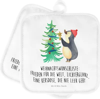 Produktbild von Mr. & Mrs. Panda Topflappen Pinguin Weihnachtsbaum - Weiß - Geschenk, Kochlappen, 2er Set, Winter, topfhalter, Weihnachten, Topfuntersetzer