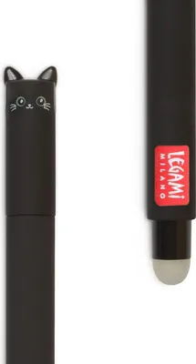 A black gel pen with a cat-shaped cap and a red Legami logo on the side.