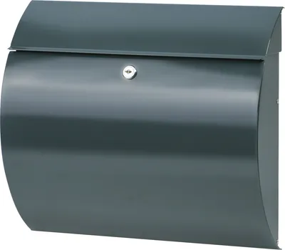 A dark gray mailbox mounted on a wall.