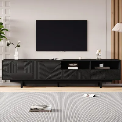 Productafbeelding van TV-kast voor een 90-inch televisie, 200 cm breed TV-meubel van spaanplaat in zwart, met een geometrisch lijnendesign, deuren en open vakken voor de woonkamer