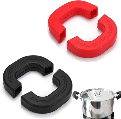 Produktbild von 4-teiliges Set Silikon-Topfgriffe, Stielkasserollengriffe, Fingerschutz, hitzeisolierende Kochgriffe für Pfannen, Herdplatten, Backöfen, Woks, Schwarz + Rot