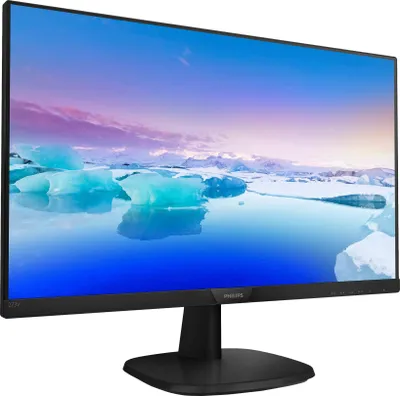 A black computer monitor with a landscape image on its screen, displayed on a stand.