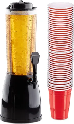 Produktbild von 51 teiliges Bierset , Biersäule 2,5 Liter, mit Zapfhahn, 50er Pack Getränkebecher rot, Party Cups für Beer Pong