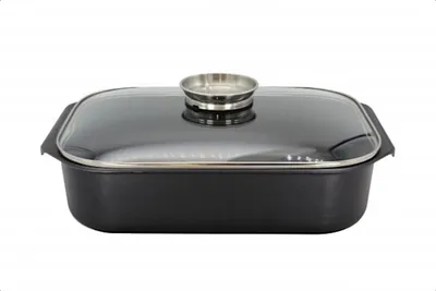 Produktbild von Aromabräter DELTA eckig 34,5 x 24 x 9 cm mit Glasdeckel und Aromaknopf, Aluguss, induktionsfähig / Bräter