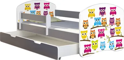 Produktbild von ACMA Jugendbett Kinderbett Junior-Bett Komplett-Set mit Matratze Lattenrost und Rausfallschutz Grau 31 Eule 140x70 + Bettkasten