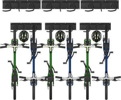 Produktbild von Famanu Fahrradträger für 6 Fahrräder + 3 Helme mit Werkzeughaken - Vertikaler Fahrradanhänger mit 3 Schienen