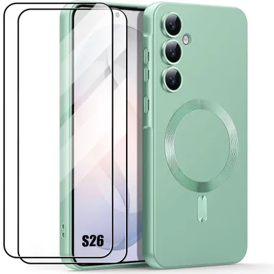 Image de Coque + 2 Verres Trempés pour Samsung Galaxy S26, Protection Silicone Anti-Rayures avec Anneau Magnétique - Vert