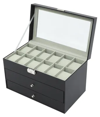 Produktbild von Schmuckkästchen - Uhren- und Schmuckaufbewahrung - 3 Ebenen - 12 Uhrenfächer - 6 Brillenfächer - 7 Schmuckfächer mit Ringhalter - Glasfenster - Schwarz