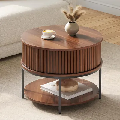 Obrázek produktu pro Kulatý konferenční stolek, dvoustupňový, s úložným prostorem, posuvné dvířka, dřevo, ořech, klasický design