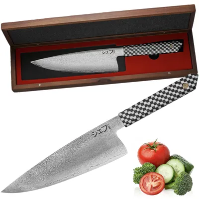 Gyuto-Kochmesser, Damaststahl, 20,5 cm Klinge, handgeschliffen, Harzgriff
