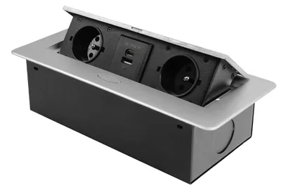 Produktbild von Spacetronik SPS-D24CS versenkbare aufklappbare Tischsteckdose 2x230V + USB-A/USB-C, silber