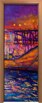 Produktbild von Türposter 70x200 cm Türaufkleber Türtapete Türfolie Klebefolie Kunst Boote Wasser Nacht Brücke Himmel