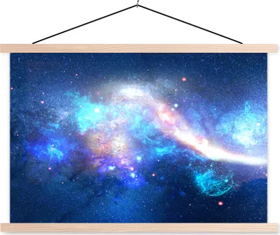 Produktbild von MuchoWow® Textilposter Universum - Blau - Sterne 120x80 cm mit holzfarbenen Rahmen - Aufhängeset