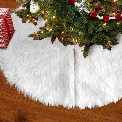 Produktbild von Ikodm Weihnachtsbaumdecke 90 cm aus Langplüsch und Vliesstoff, runder Christbaumrock mit 10 cm Mittelöffnung in Weiß