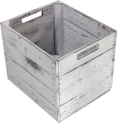 A white wooden crate with handles, shown from a slightly elevated angle against a white background.