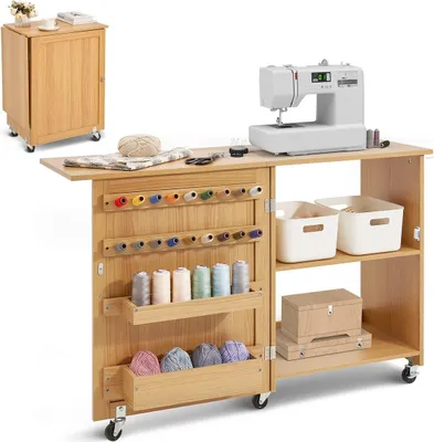 Image de Table à coudre pliante avec roulettes verrouillables, étagères, plateaux, porte, couleur bois