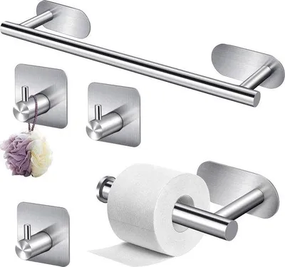 Image de Supports de salle de bains - 5 pièces en acier inoxydable - Accessoires de salle de bains - Supports muraux pour papier toilette
