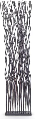 A tall, dark brown, woven room divider with a wavy, organic design, standing on a white background.