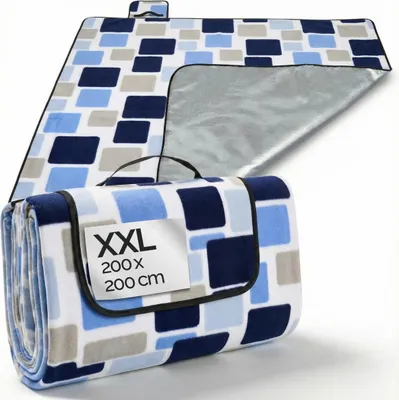 Produktbild von DETEX® Picknickdecke Campingdecke XXL 200x200 cm Wasserdicht Wärmeisoliert Waschbar Fleece Faltbar für 4-6 Personen Garten Stranddecke Quadrate-Blau