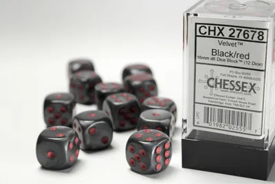 Produktbild von Chessex  16mm D6-Würfel-Set (12) Velvet / Schwarz/Rot