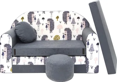 Produktbild von All4All Kindersofa, Klappsofa, Schlafsofa 3in1, Velo, Spielsofa für Kinder, Sofa zum Aufklappen, mit Pouf, faltbar, zum Schlafen – Schaumstoff Sofa (AX1 Grau + Igel)