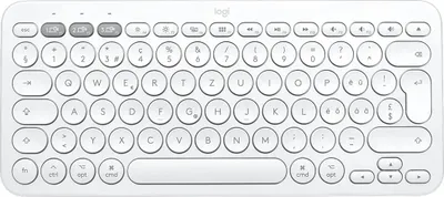 A top-down view of a white Logitech K380 Bluetooth keyboard on a white background.