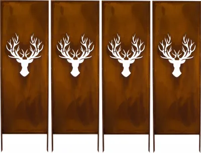 Four identical metal garden screens, each featuring a white silhouette of a stag's head with antlers, set against a rusty brown background.