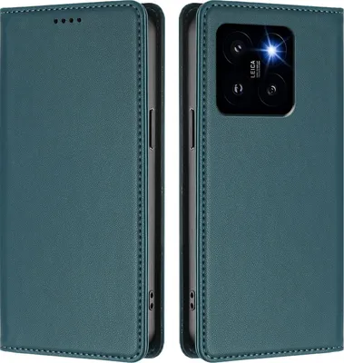 Image de Étui en cuir pour Xiaomi 14 Pro, étui à rabat magnétique en cuirPolyuréthaneavec support, vert