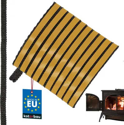 A product shot of fireplace sealing tape and a small wood-burning stove.