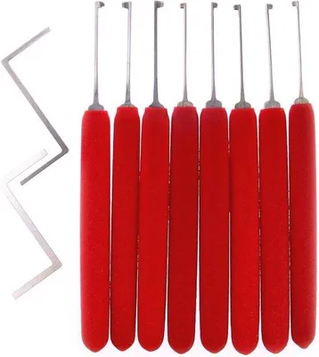 Produktbild von Famanu Lockpicking Set 8-teilig - Professionelles Werkzeug mit Spannschlüsseln und rotem Griff