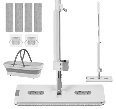 Produktbild von Wischmopp Set mit Eimer, Wischmopp mit Auswringfunktion Bodenwischer Set mit Faltbarem Putzeimer, 4 Wischmopp bezug, 360° Drehbarem mop,Edelstahlgriff