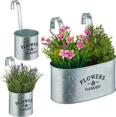 Zdjęcie produktu dla Relaxdays – doniczki wiszące, zestaw 3 szt., 2 rozmiary, metal ocynkowany, doniczki do zawieszenia, doniczki na zioła na balkon, kolor srebrny