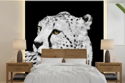 Produktbild von MuchoWow® Fototapete für Wohnzimmer oder Schlafzimmer Wandtapete Vinyl Motivtapete Leopard - Weiß - Schwarz - 300x300 cm - Wanddekoration