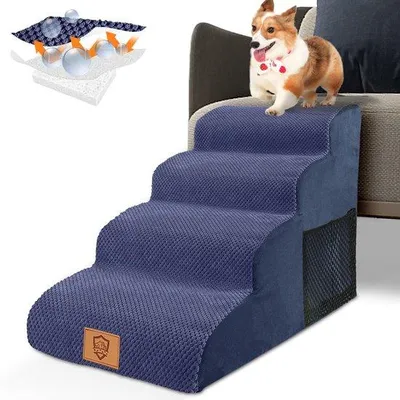 Obrázok produktu pre Malý schodík pre psov so 4 schodíkmi, protišmykový, pre malé psy, s odnímateľným a nepremokavým poťahom, z peny s vysokou hustotou, na lavičku – modrý