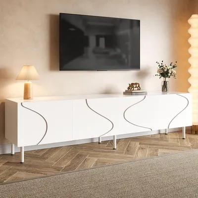 Obrázek produktu pro Televizní skříňka Merax TV Board se 4 dvířky a systémem pro vedení kabelů, nízká televizní skříňka s funkcí Push-to-Open, televizní skříňka z MDF a PB pro televizory do 60 palců, bílá