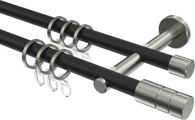 Produktbild von Interdeco Gardinenstange / Vorhangstange Schwarz / Edelstahl-Optik, Typ Medium Caras (Rillenzylinder), 16 mm Ø 2-läufig, 140 cm