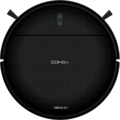 A top-down view of a black robot vacuum cleaner.