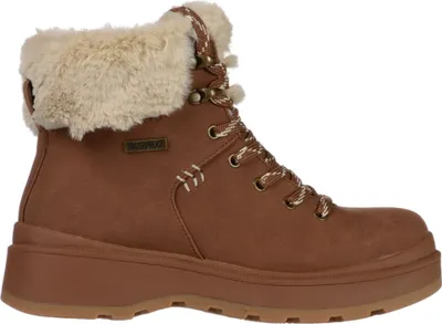 A single brown boot with a fur lining is shown against a white background.