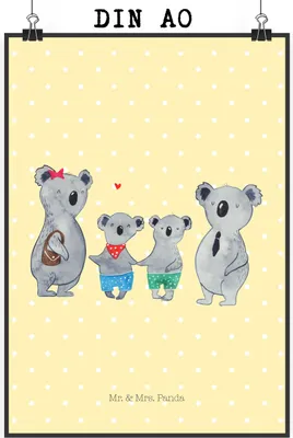 Produktbild von Mr. & Mrs. Panda Bild Koala Familie zwei DIN A0 - Gelb Pastell - Geschenk, Wandbild, Muttertag, Koalabär, Wanddekoration, drucke, Kunstdruck, wanddeko