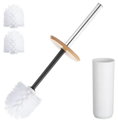 Produktbild von WC-Bürsten-Set mit Aufbewahrungseimer und 3 Bürstenköpfen aus Bambus und Kunststoff, für dekorative Badezimmeraccessoires (weiß)