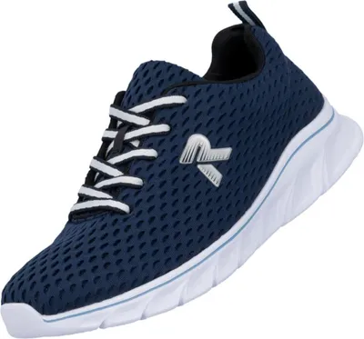 Auf dem Bild ist ein blauer Freizeitschuh zu sehen der aus einer seitlichen Perspektive betrachtet wird. Der Schuh zeichnet sich durch sein modernes Design und die auffällige Farbe aus.