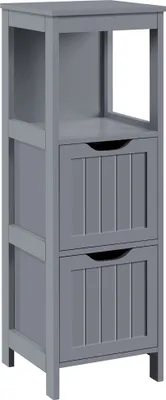 A grey wooden bathroom cabinet with two drawers and open shelves.