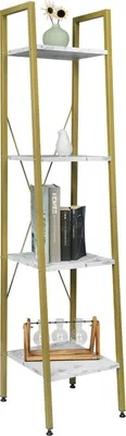 Produktbild von Happyment Bücherregal Vila – 4-lagiges Bücherregal – Weiß/Gold – Marble-Look – MDF-Holz – 34x35x148cm – Wohn- & Schlafzimmer