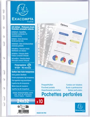 Obrázek produktu pro Exacompta 5990E Kapsy na letáky 10 kusů 90µ A4 křišťálově čiré perforované s otevřenou horní částí