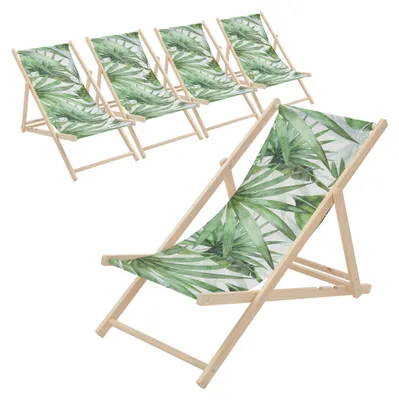Produktbild von ECD Germany 5er Set Liegestuhl klappbar Palme Grün-Weiß aus Holz Sonnenliege mit 3-Fach verstellbarer Rückenlehne Strandliege für Garten Balkon