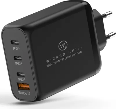 Produktbild von Wicked Chili 100W USB C GaN III Ladegerät | 4 Port Fast Charger PD Netzteil mit PPS kompatibel mit MacBook Pro, iPhone 16, 15, 14, 13 Pro Max Mini & iPad Pro (3x USB-C / 1x USB-A, schwarz)