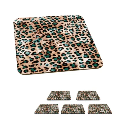 Obrázek produktu pro KitchenYeah® Skleněné podtácky Square Set of 6 Leopard Pattern - Green 10x10 cm Coasters for Glasses - Drink Coasters - Table Top Protectors - Table Coasters for Cups Table Bar Glass