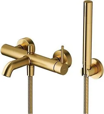 A gold-finished bathtub faucet with a handheld showerhead, mounted on a white background.