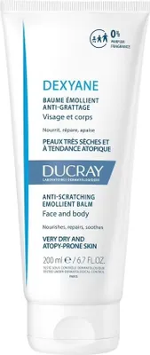 A white tube of Ducray Dexyane Anti-Scratching Emolient Balm.