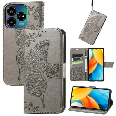 Produktbild von Für ZTE Blade V60 Vita / Axon 60 Lite Kunstleder Wallet Handy Tasche Schmetterling Design Hülle Etuis Grau